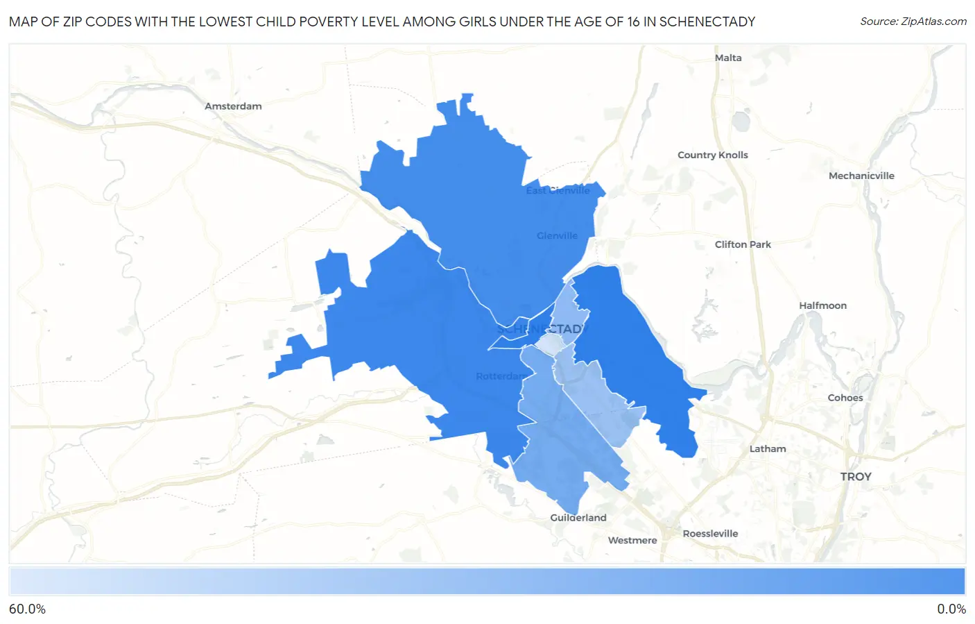 Zip Codes with the Lowest Child Poverty Level Among Girls Under the Age of 16 in Schenectady Map