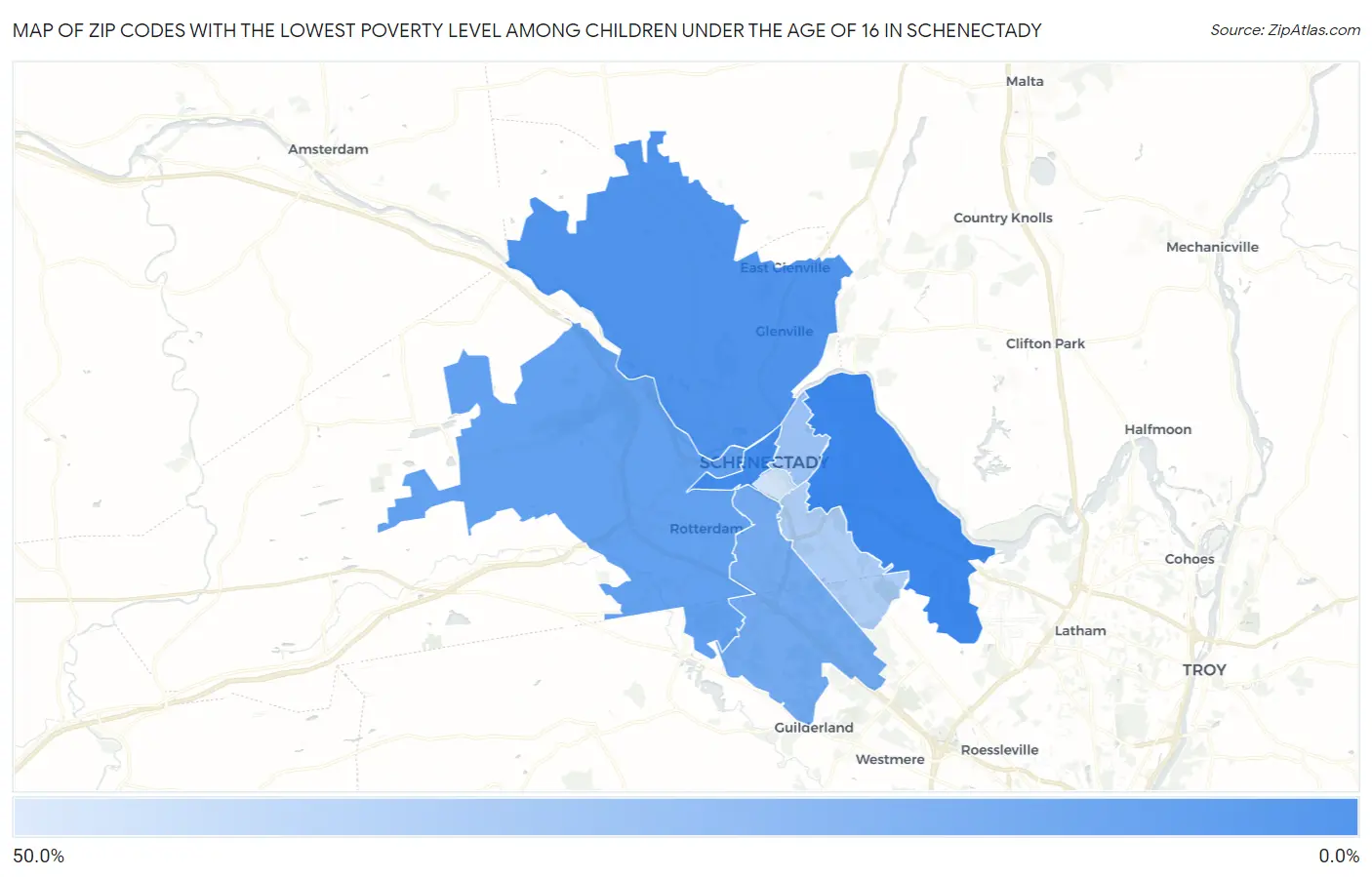 Zip Codes with the Lowest Poverty Level Among Children Under the Age of 16 in Schenectady Map