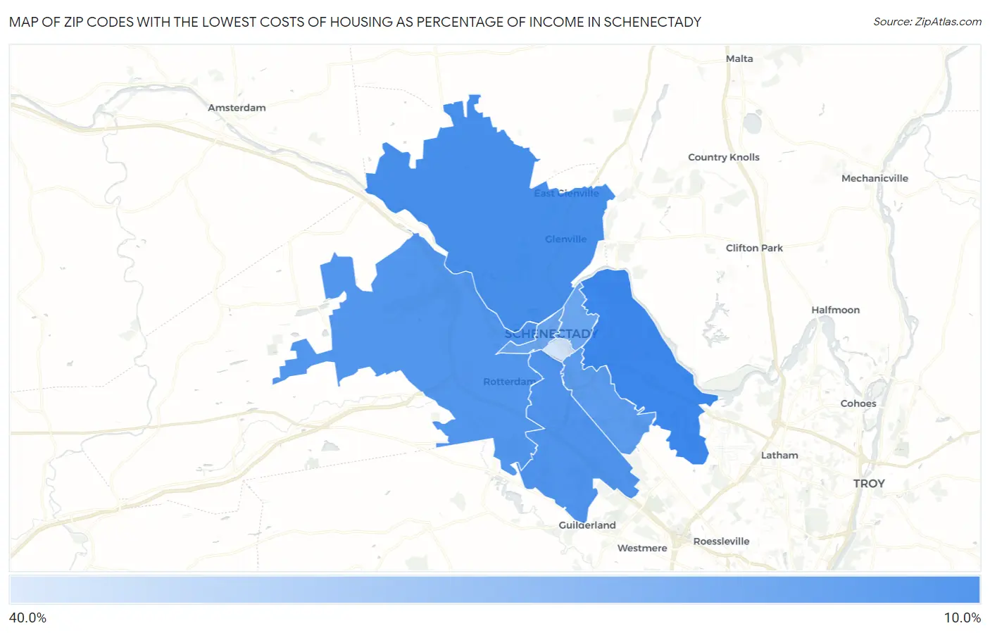 Zip Codes with the Lowest Costs of Housing as Percentage of Income in Schenectady Map