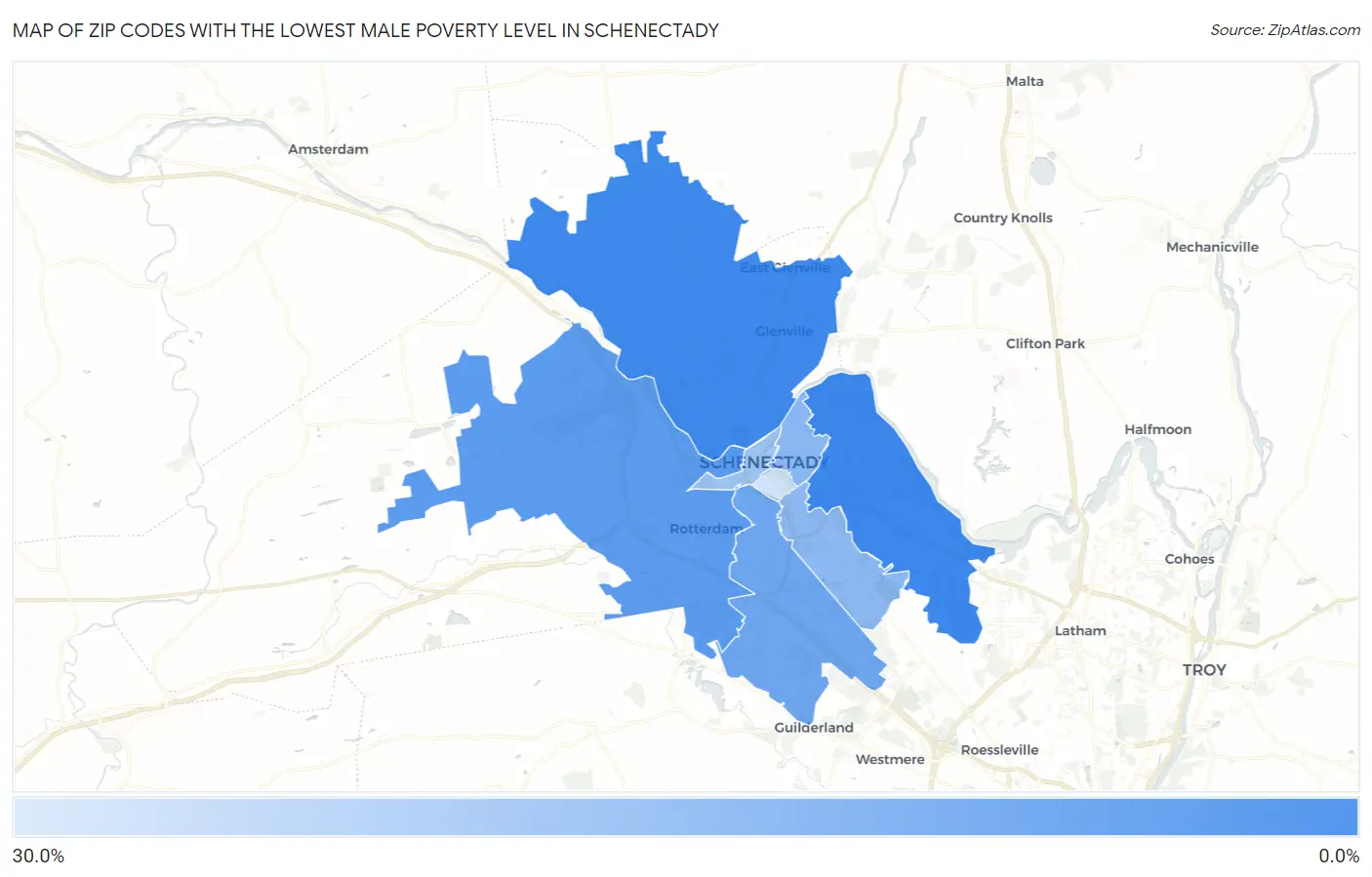 Zip Codes with the Lowest Male Poverty Level in Schenectady Map