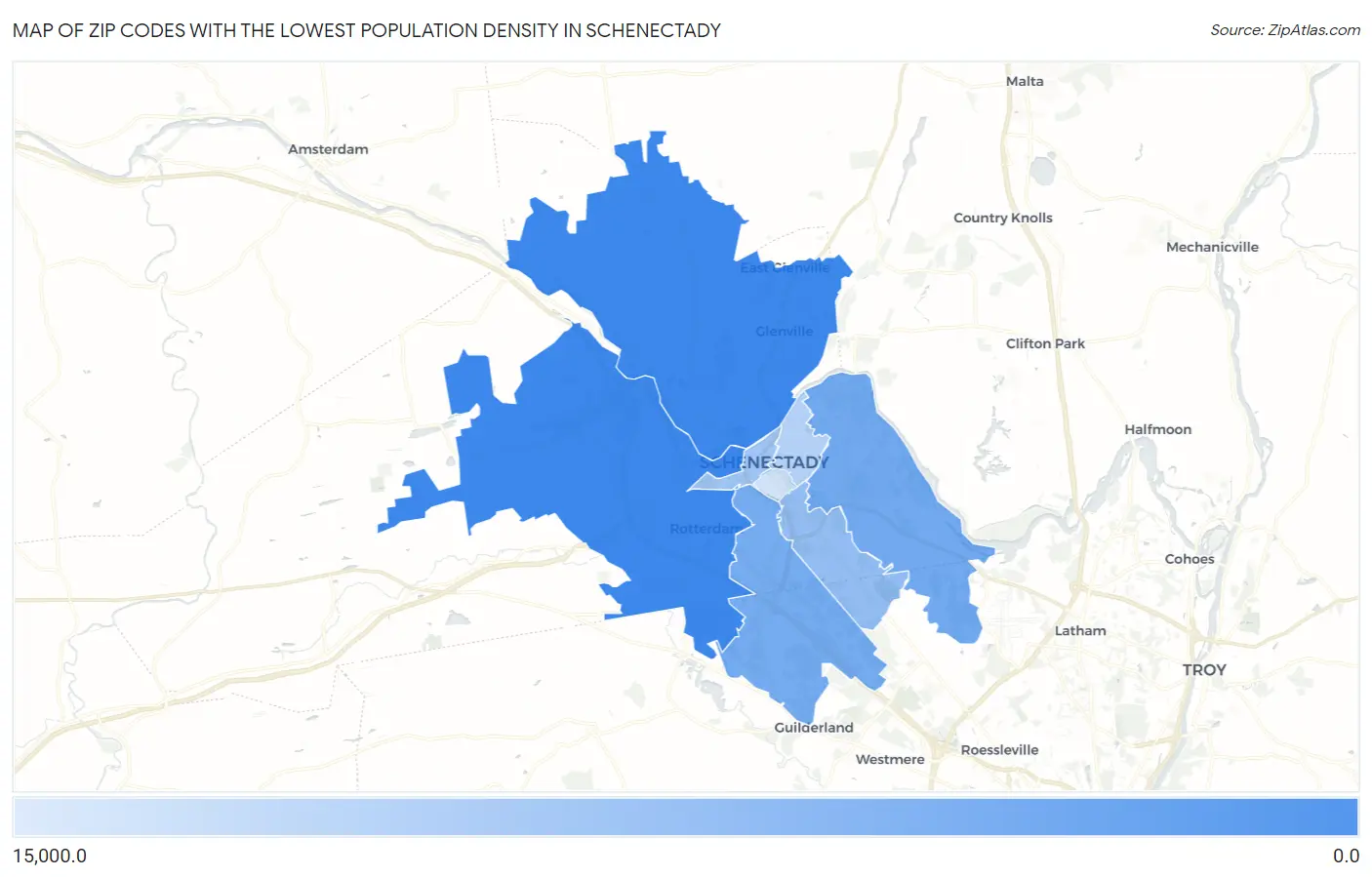Zip Codes with the Lowest Population Density in Schenectady Map
