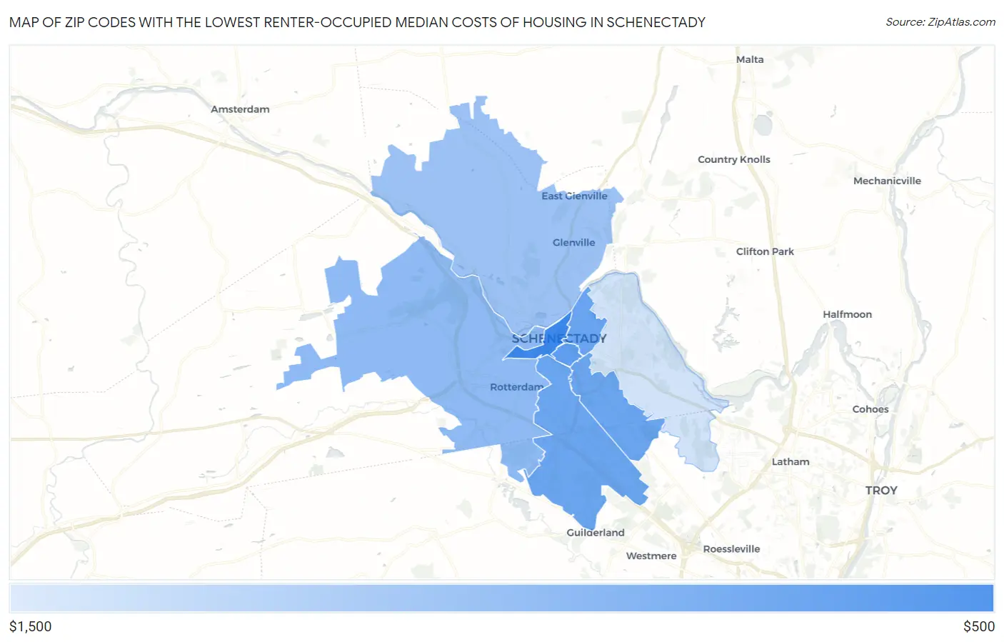 Zip Codes with the Lowest Renter-Occupied Median Costs of Housing in Schenectady Map