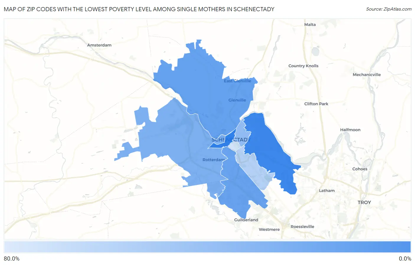 Zip Codes with the Lowest Poverty Level Among Single Mothers in Schenectady Map