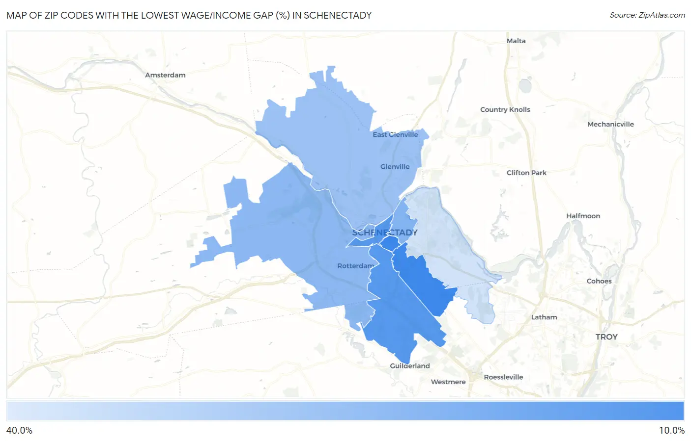 Zip Codes with the Lowest Wage/Income Gap (%) in Schenectady Map