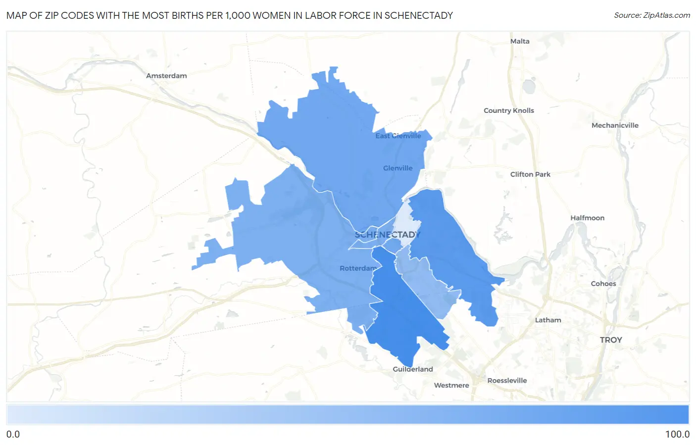 Zip Codes with the Most Births per 1,000 Women in Labor Force in Schenectady Map