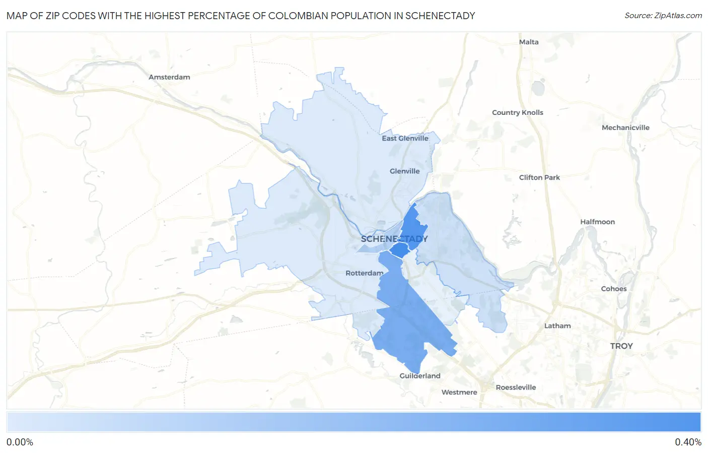 Zip Codes with the Highest Percentage of Colombian Population in Schenectady Map
