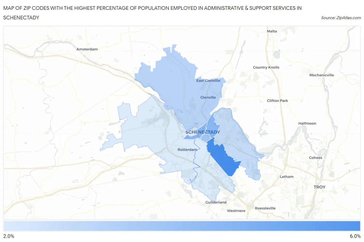 Zip Codes with the Highest Percentage of Population Employed in Administrative & Support Services in Schenectady Map