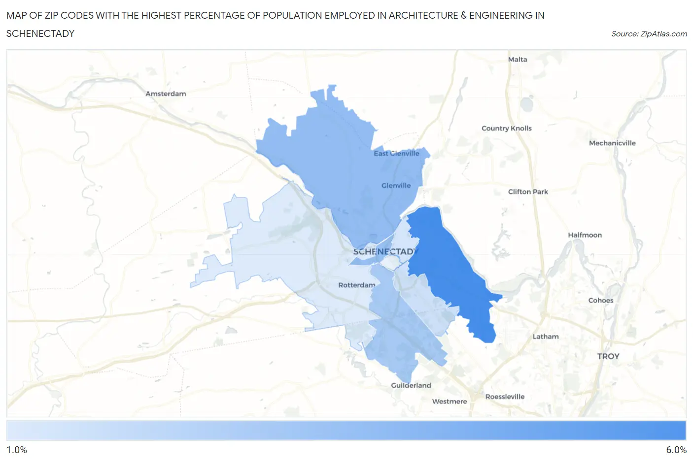 Zip Codes with the Highest Percentage of Population Employed in Architecture & Engineering in Schenectady Map