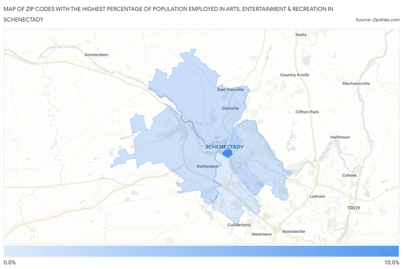 Zip Codes with the Highest Percentage of Population Employed in Arts, Entertainment & Recreation in Schenectady Map
