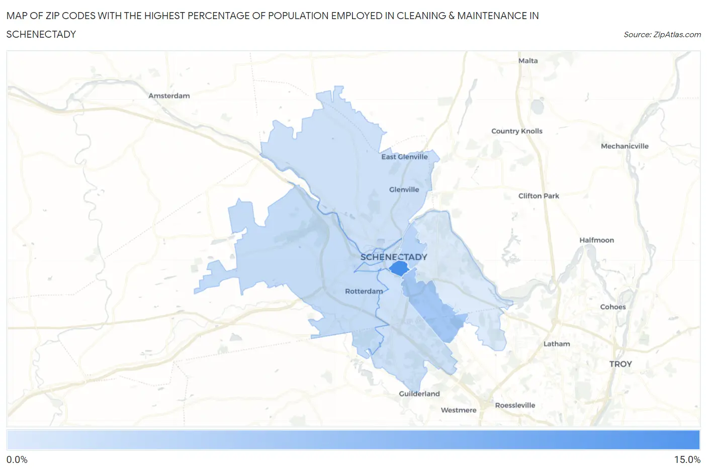 Zip Codes with the Highest Percentage of Population Employed in Cleaning & Maintenance in Schenectady Map
