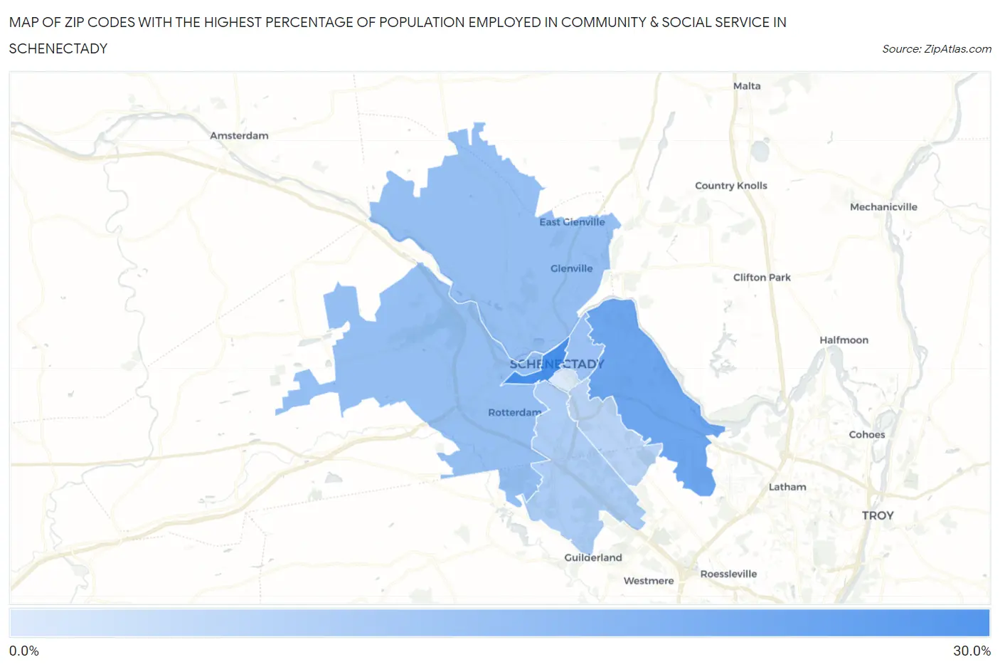 Zip Codes with the Highest Percentage of Population Employed in Community & Social Service  in Schenectady Map