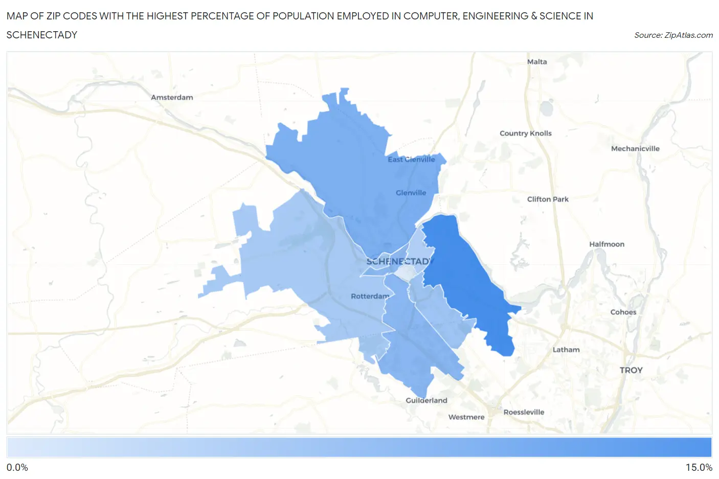 Zip Codes with the Highest Percentage of Population Employed in Computer, Engineering & Science in Schenectady Map