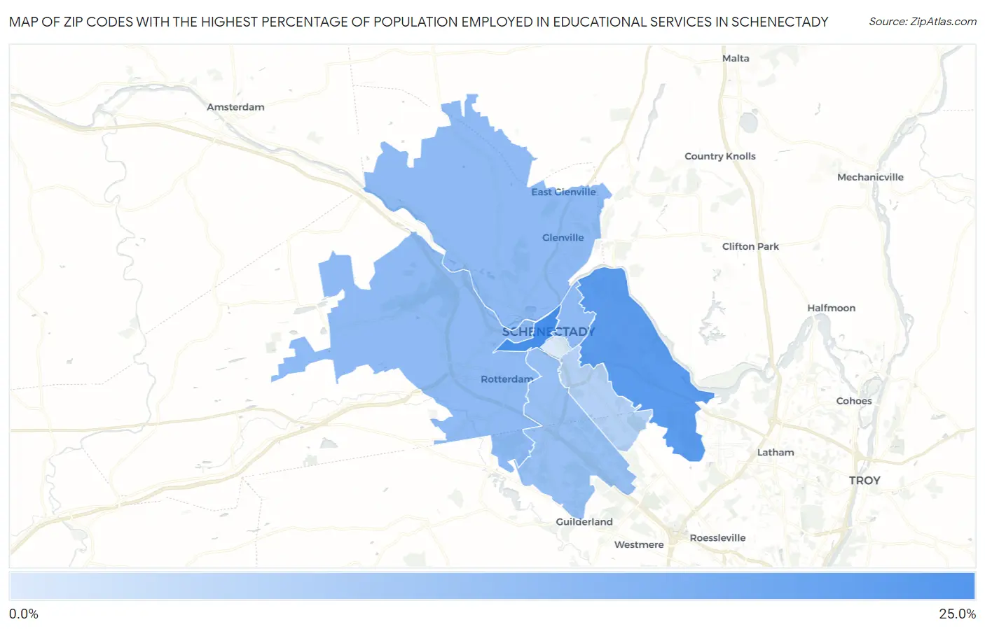 Zip Codes with the Highest Percentage of Population Employed in Educational Services in Schenectady Map