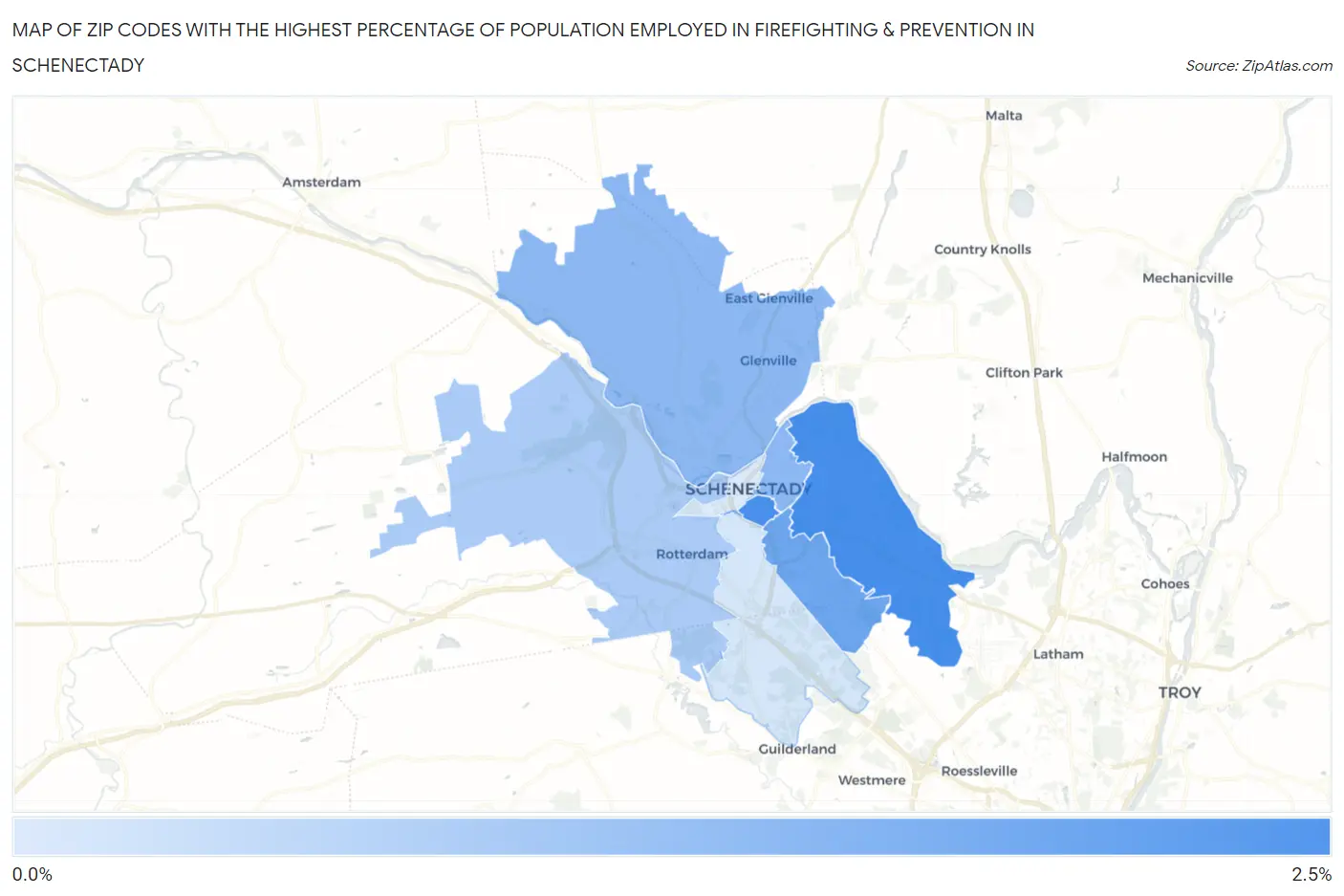 Zip Codes with the Highest Percentage of Population Employed in Firefighting & Prevention in Schenectady Map