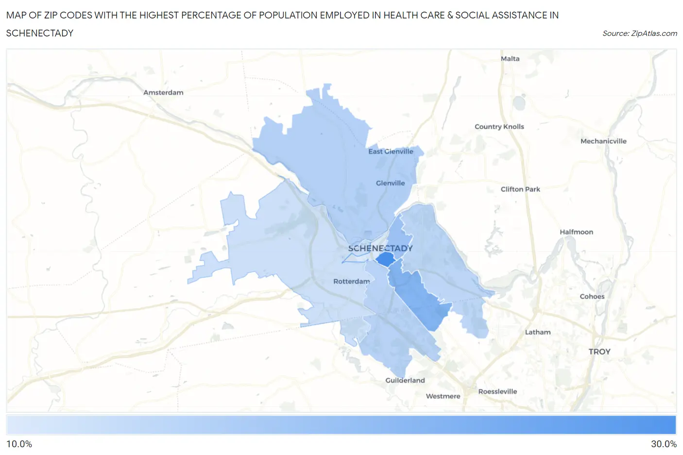 Zip Codes with the Highest Percentage of Population Employed in Health Care & Social Assistance in Schenectady Map