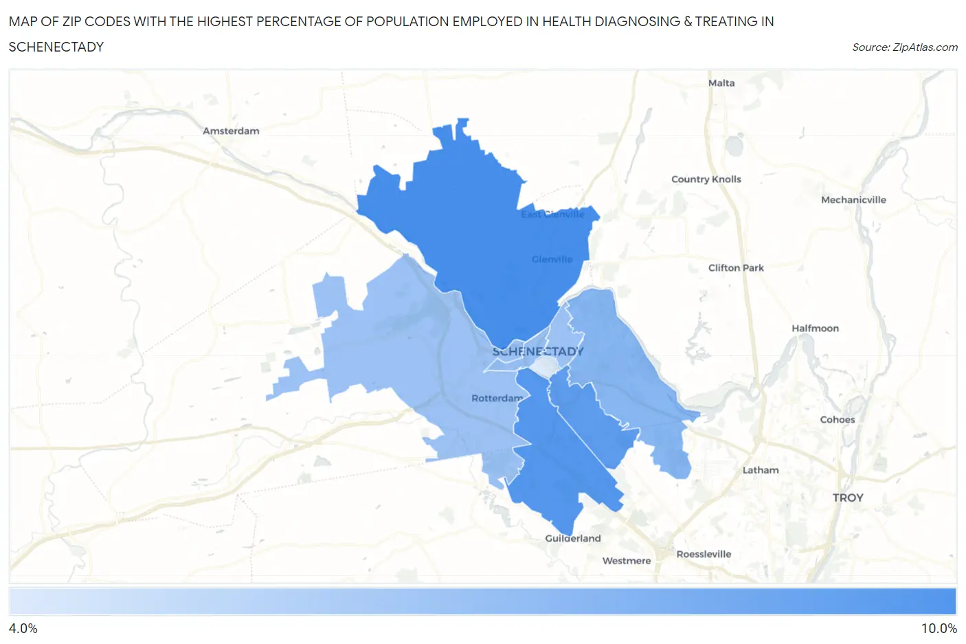 Zip Codes with the Highest Percentage of Population Employed in Health Diagnosing & Treating in Schenectady Map
