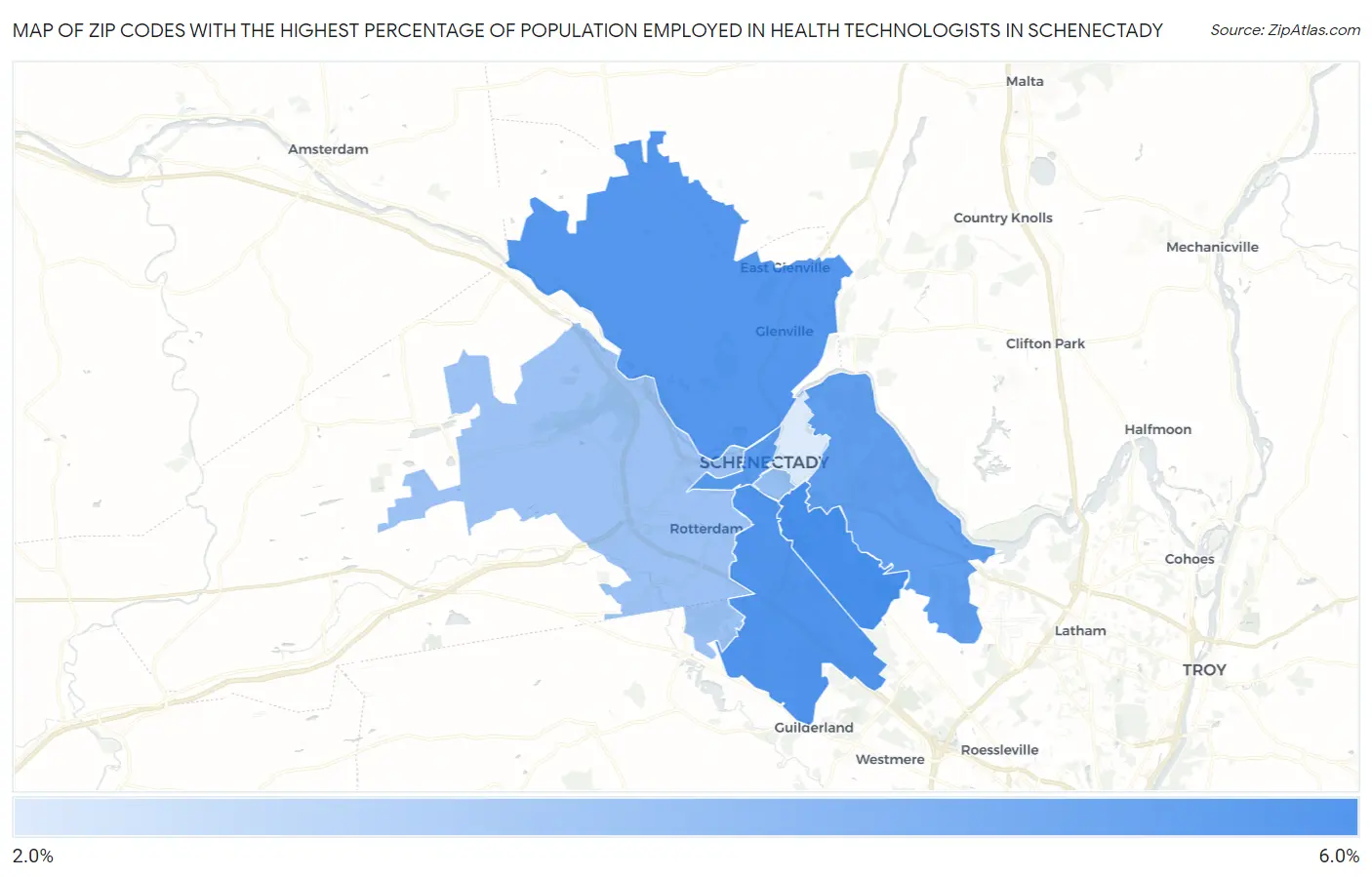 Zip Codes with the Highest Percentage of Population Employed in Health Technologists in Schenectady Map