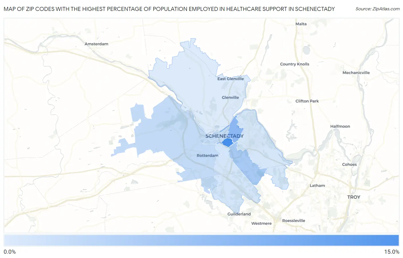 Zip Codes with the Highest Percentage of Population Employed in Healthcare Support in Schenectady Map