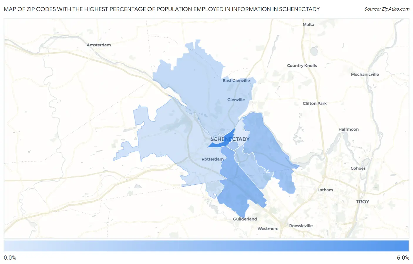Zip Codes with the Highest Percentage of Population Employed in Information in Schenectady Map