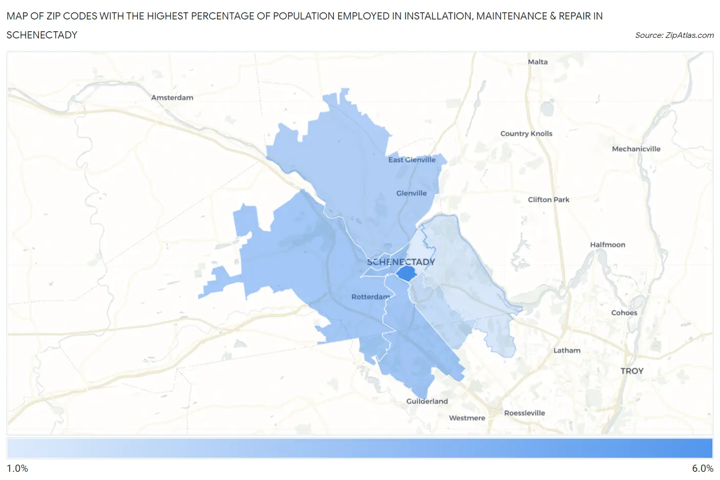 Zip Codes with the Highest Percentage of Population Employed in Installation, Maintenance & Repair in Schenectady Map