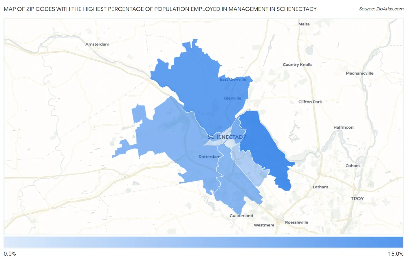 Zip Codes with the Highest Percentage of Population Employed in Management in Schenectady Map