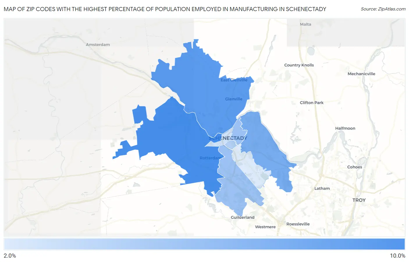 Zip Codes with the Highest Percentage of Population Employed in Manufacturing in Schenectady Map