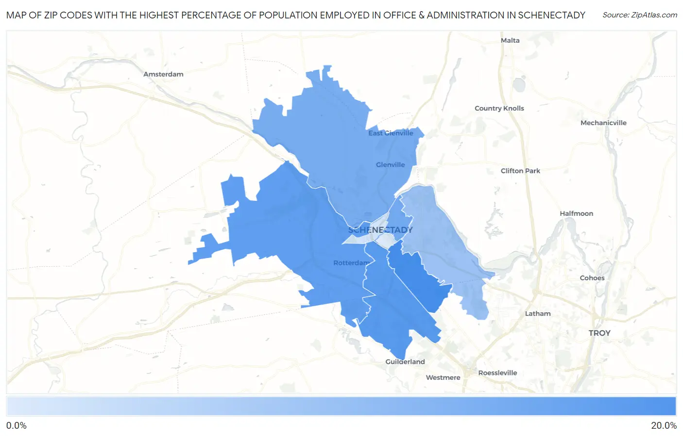 Zip Codes with the Highest Percentage of Population Employed in Office & Administration in Schenectady Map