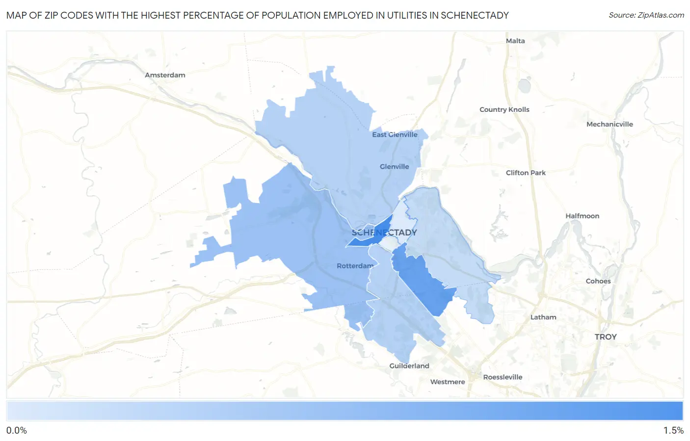 Zip Codes with the Highest Percentage of Population Employed in Utilities in Schenectady Map