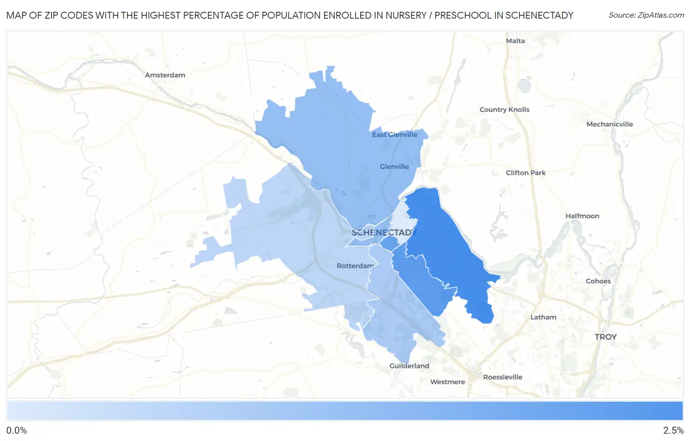 Zip Codes with the Highest Percentage of Population Enrolled in Nursery / Preschool in Schenectady Map