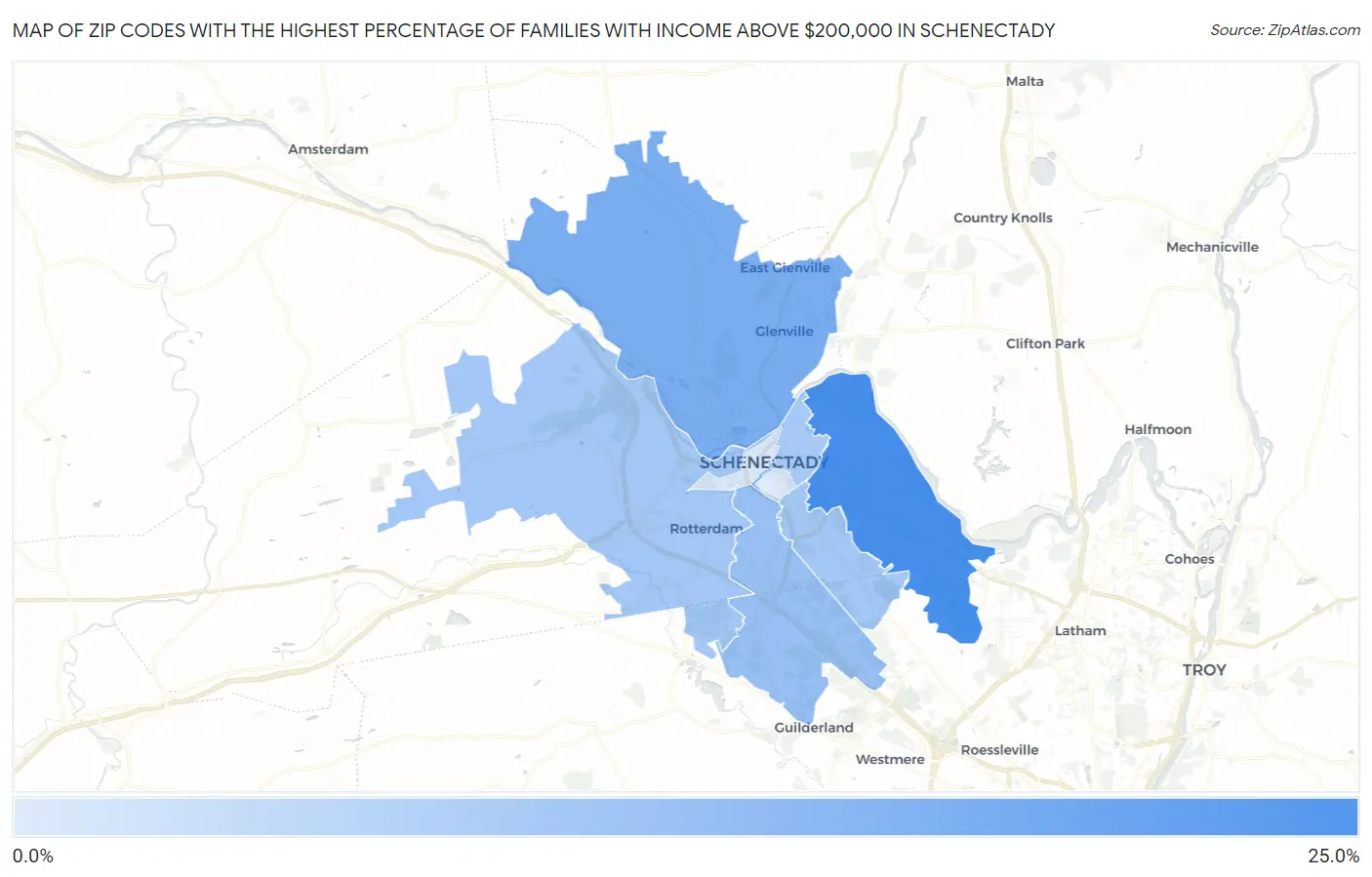 Zip Codes with the Highest Percentage of Families with Income Above $200,000 in Schenectady Map