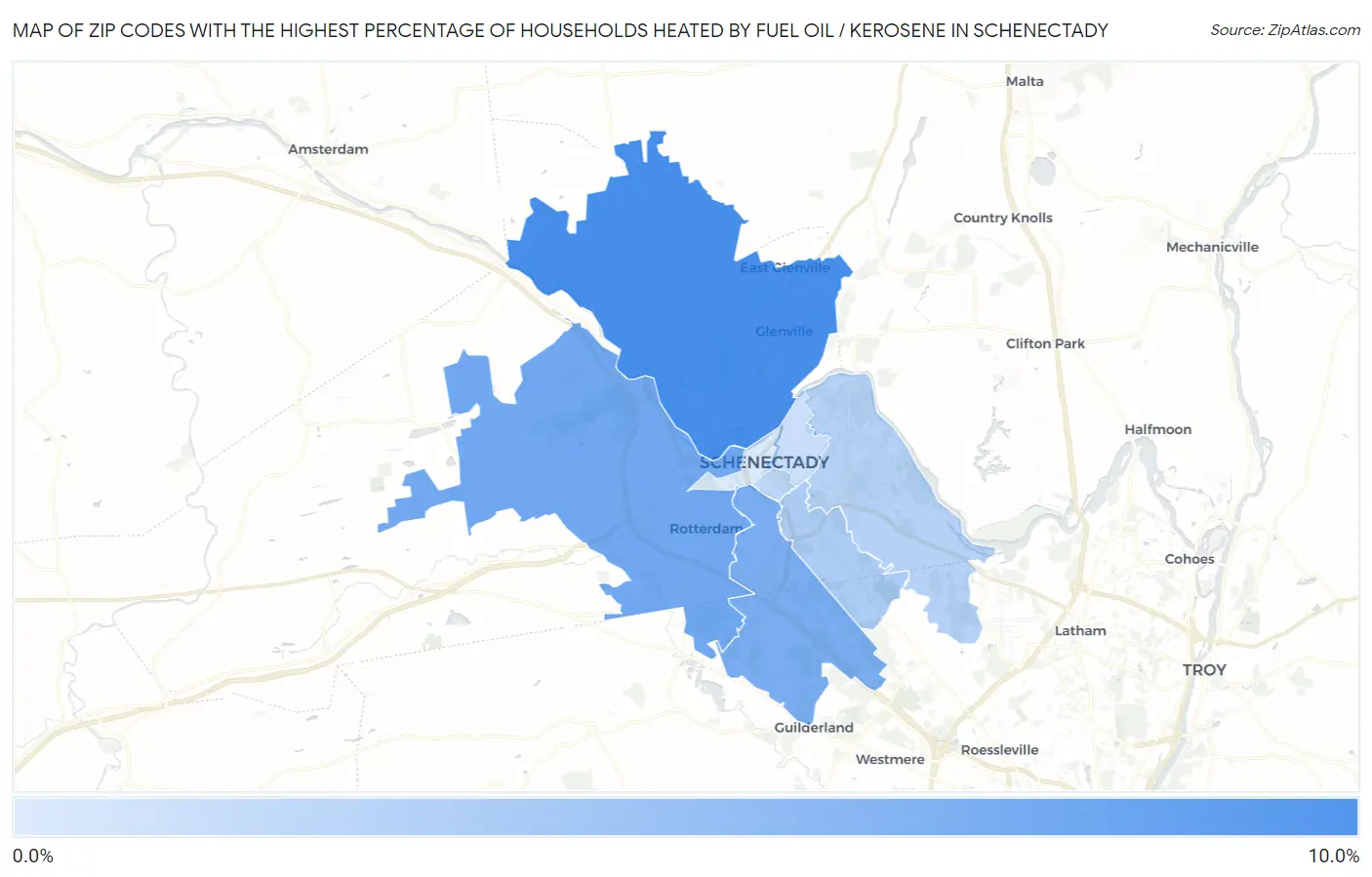 Zip Codes with the Highest Percentage of Households Heated by Fuel Oil / Kerosene in Schenectady Map