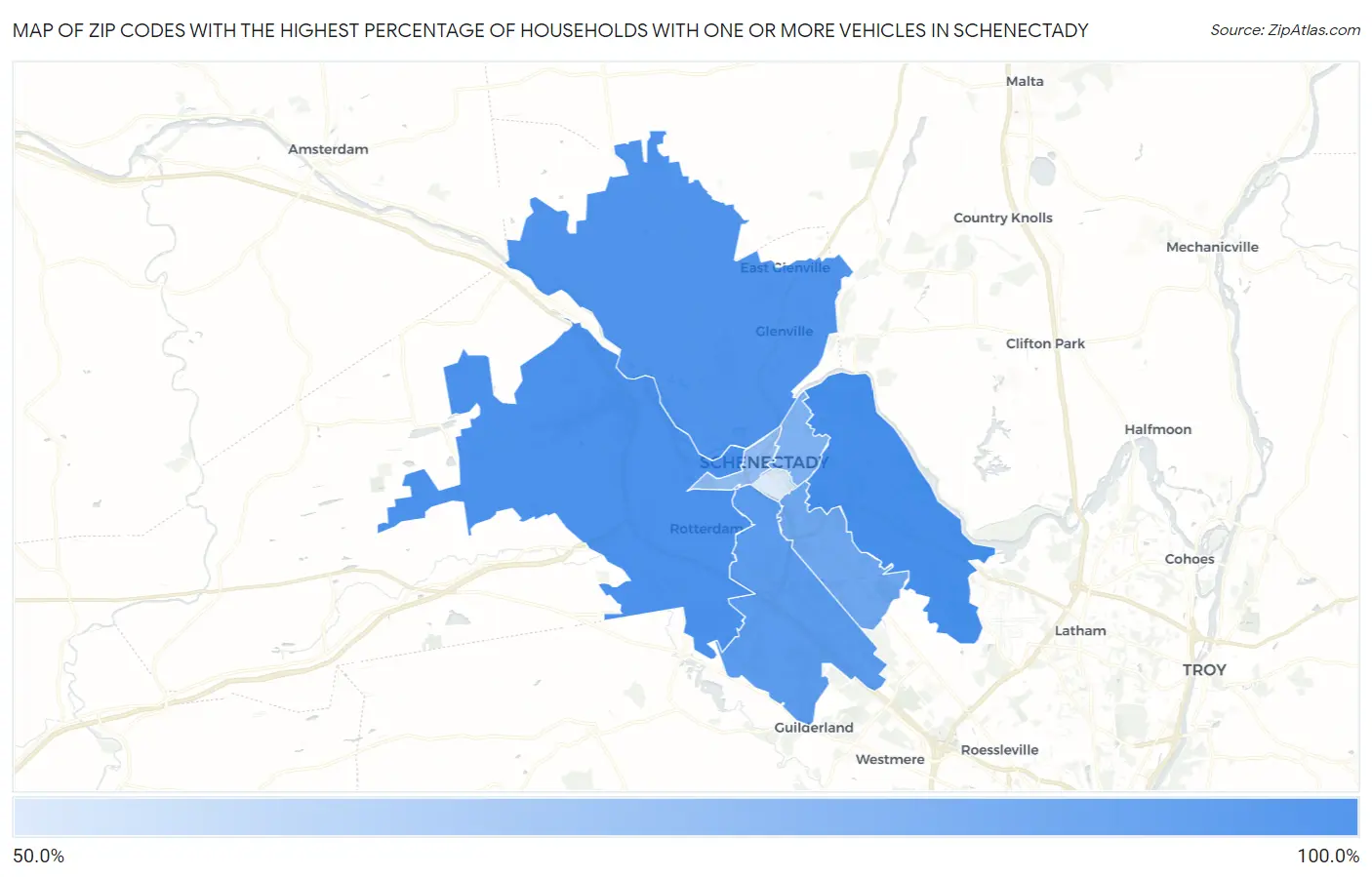 Zip Codes with the Highest Percentage of Households With One or more Vehicles in Schenectady Map