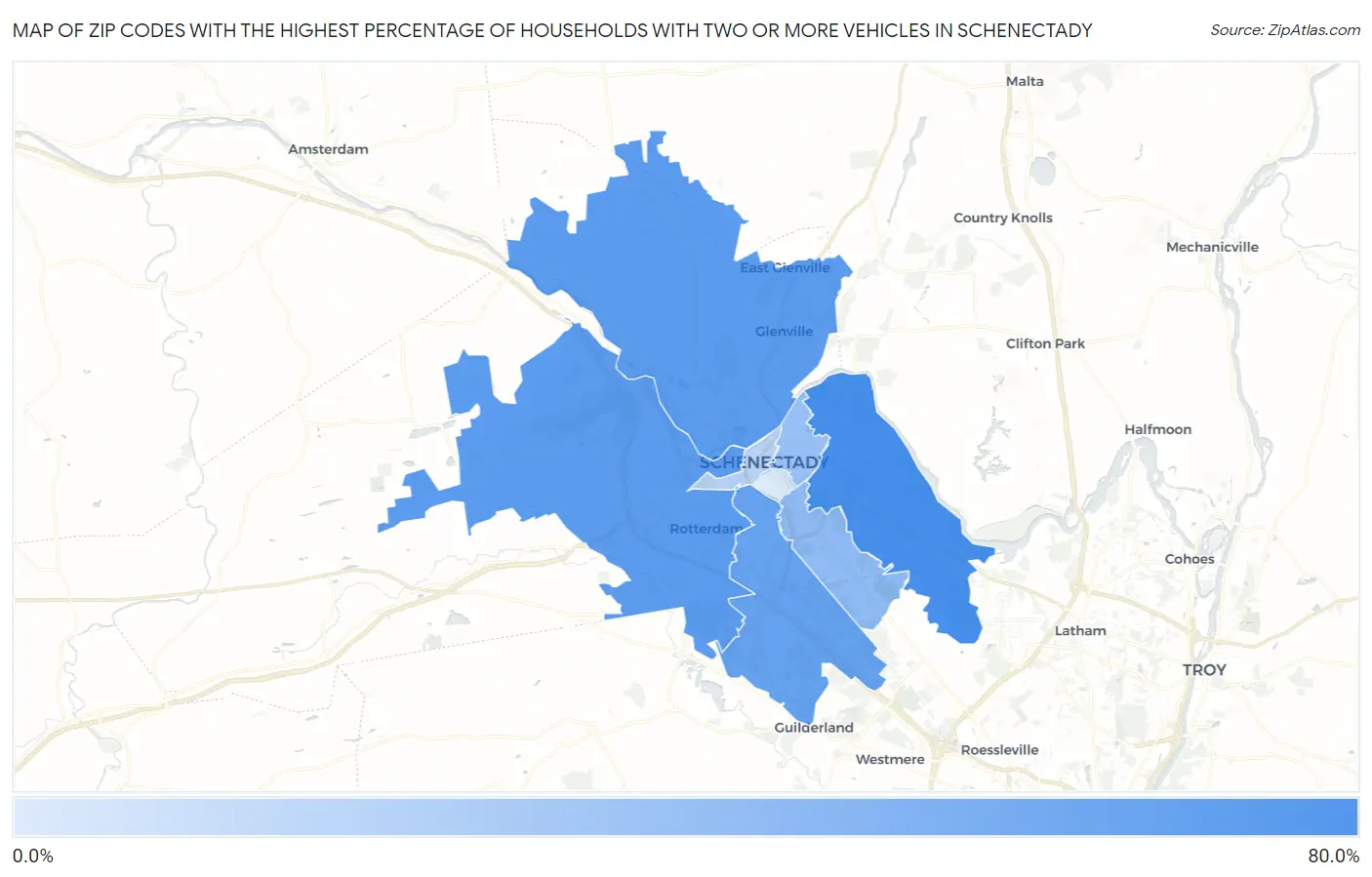 Zip Codes with the Highest Percentage of Households With Two or more Vehicles in Schenectady Map