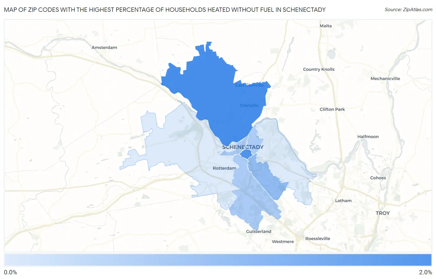 Zip Codes with the Highest Percentage of Households Heated without Fuel in Schenectady Map