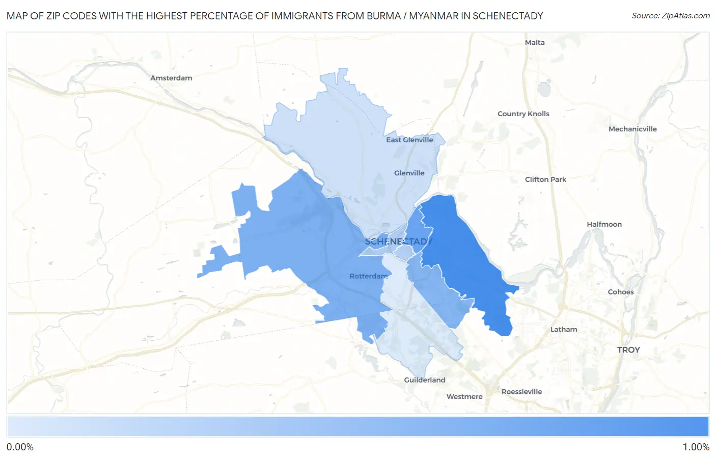 Zip Codes with the Highest Percentage of Immigrants from Burma / Myanmar in Schenectady Map
