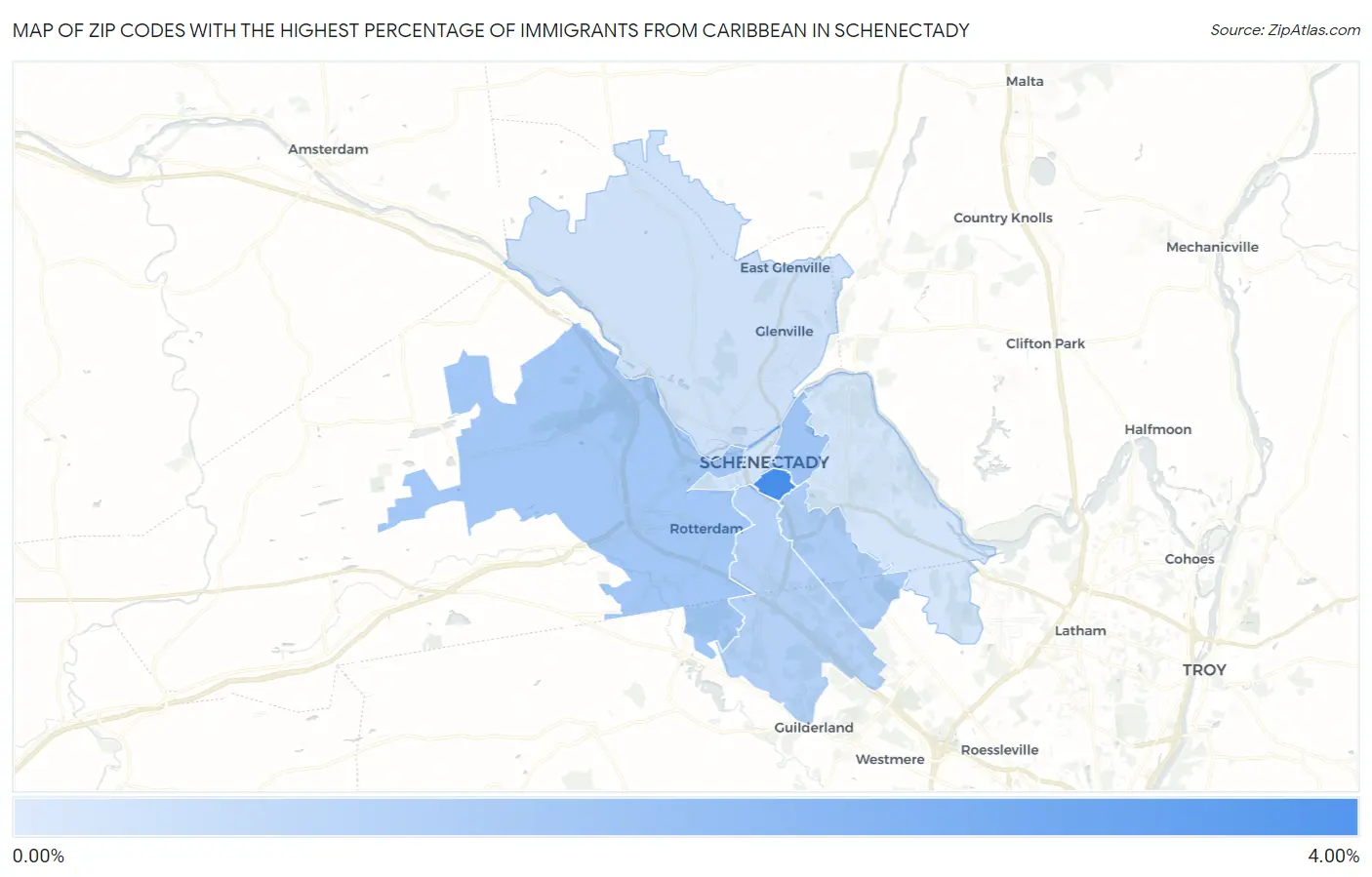 Zip Codes with the Highest Percentage of Immigrants from Caribbean in Schenectady Map