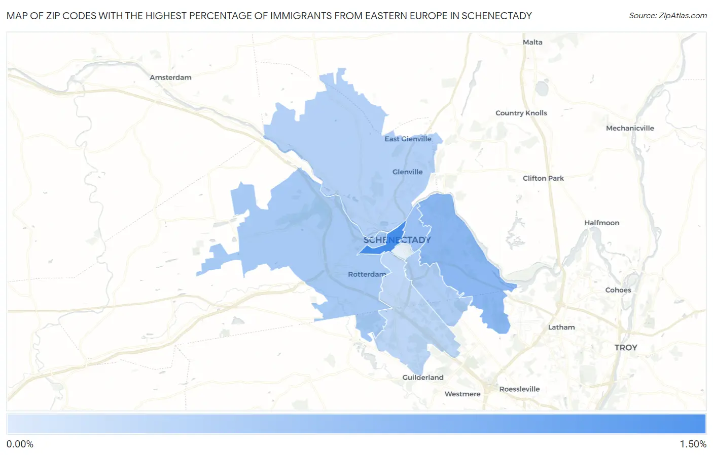 Zip Codes with the Highest Percentage of Immigrants from Eastern Europe in Schenectady Map