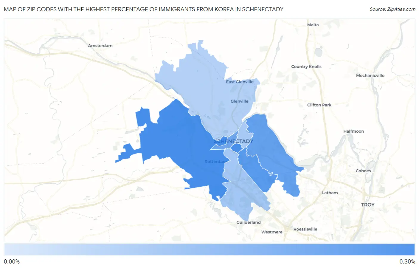 Zip Codes with the Highest Percentage of Immigrants from Korea in Schenectady Map