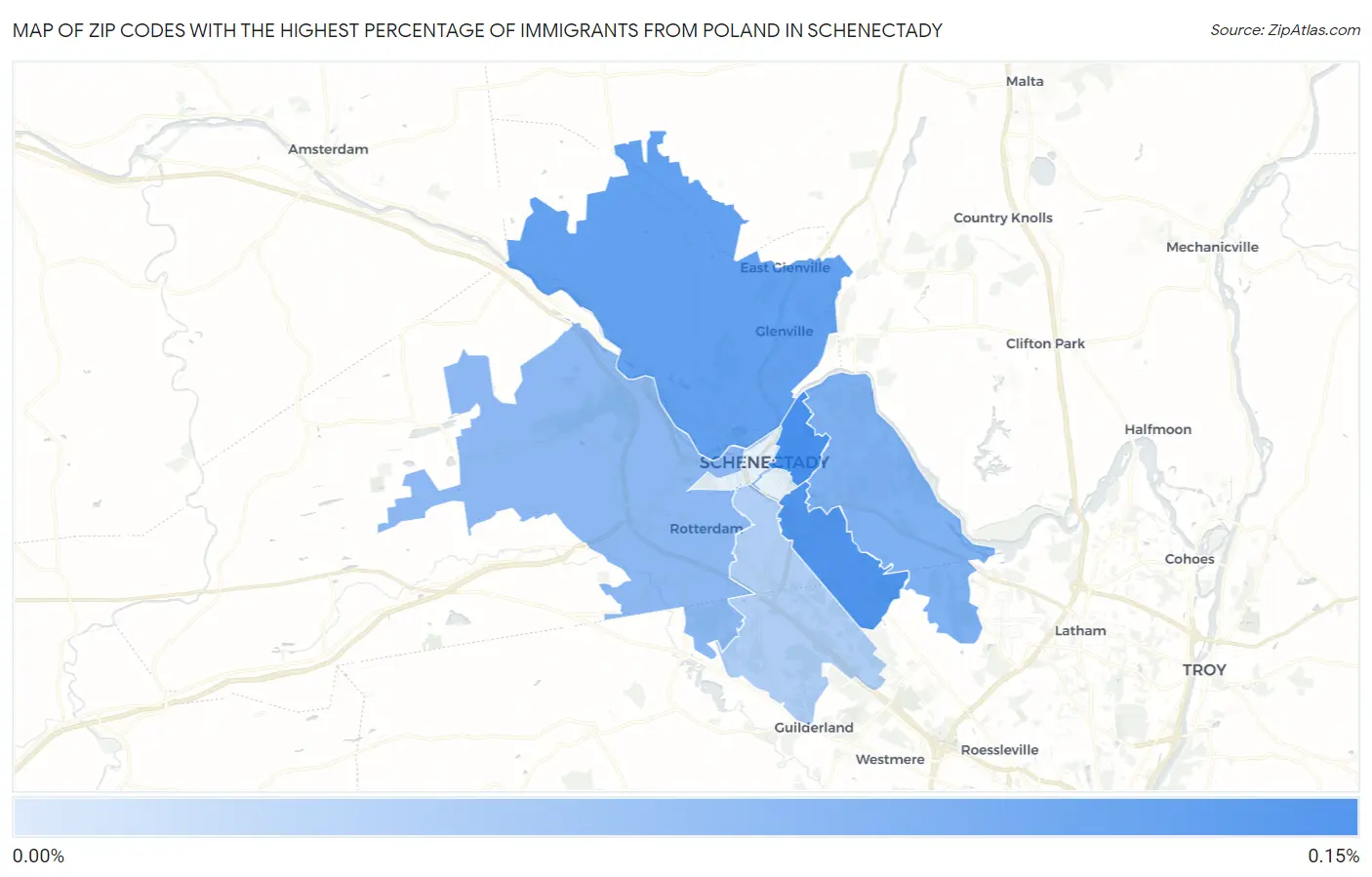 Zip Codes with the Highest Percentage of Immigrants from Poland in Schenectady Map