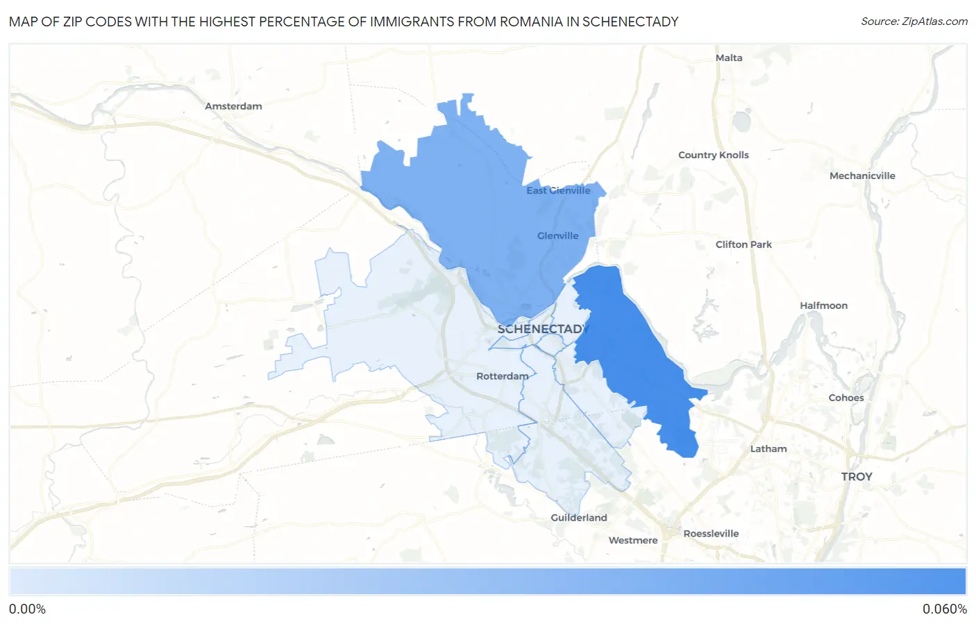 Zip Codes with the Highest Percentage of Immigrants from Romania in Schenectady Map