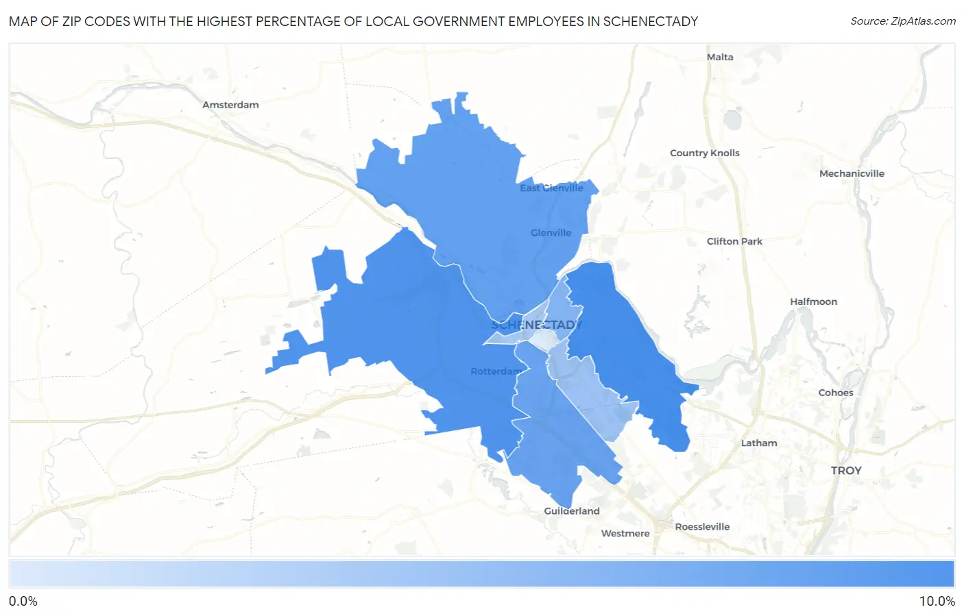 Zip Codes with the Highest Percentage of Local Government Employees in Schenectady Map