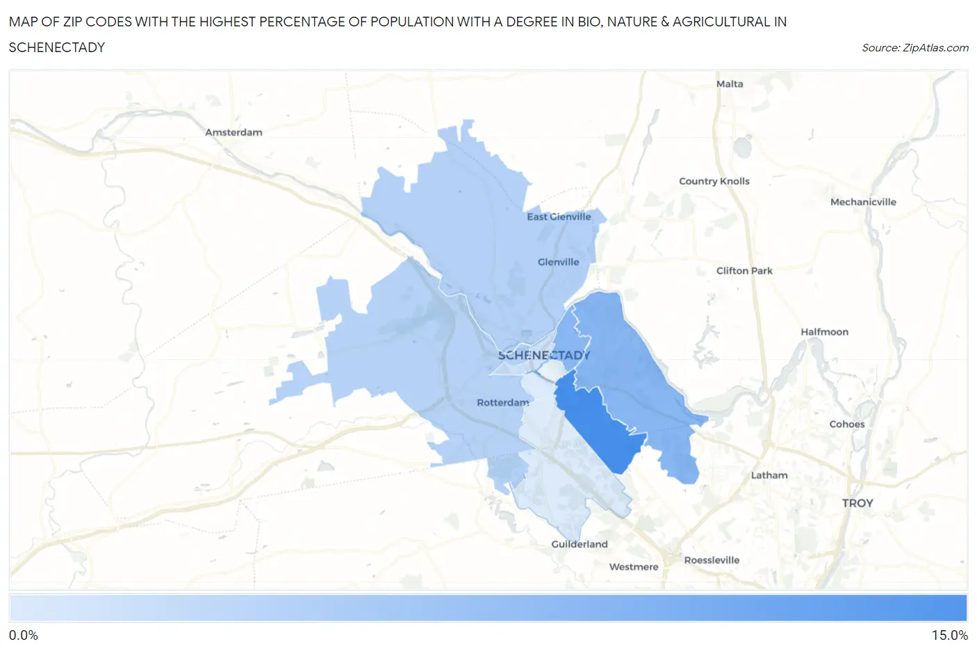 Zip Codes with the Highest Percentage of Population with a Degree in Bio, Nature & Agricultural in Schenectady Map