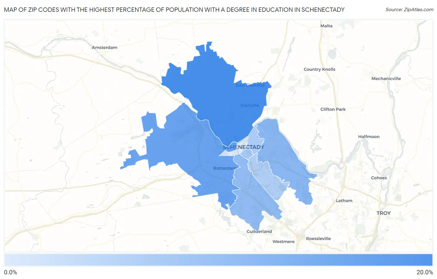 Zip Codes with the Highest Percentage of Population with a Degree in Education in Schenectady Map