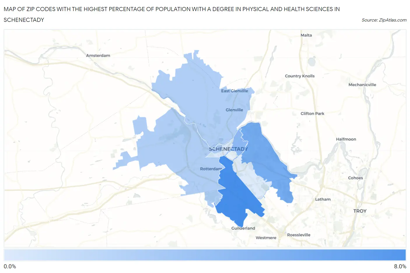 Zip Codes with the Highest Percentage of Population with a Degree in Physical and Health Sciences in Schenectady Map