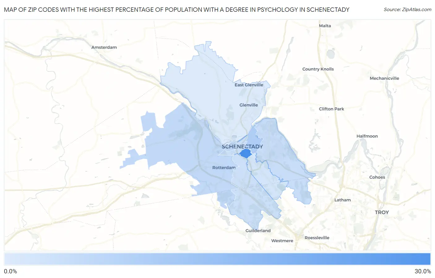 Zip Codes with the Highest Percentage of Population with a Degree in Psychology in Schenectady Map