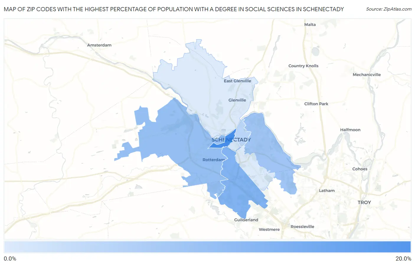 Zip Codes with the Highest Percentage of Population with a Degree in Social Sciences in Schenectady Map