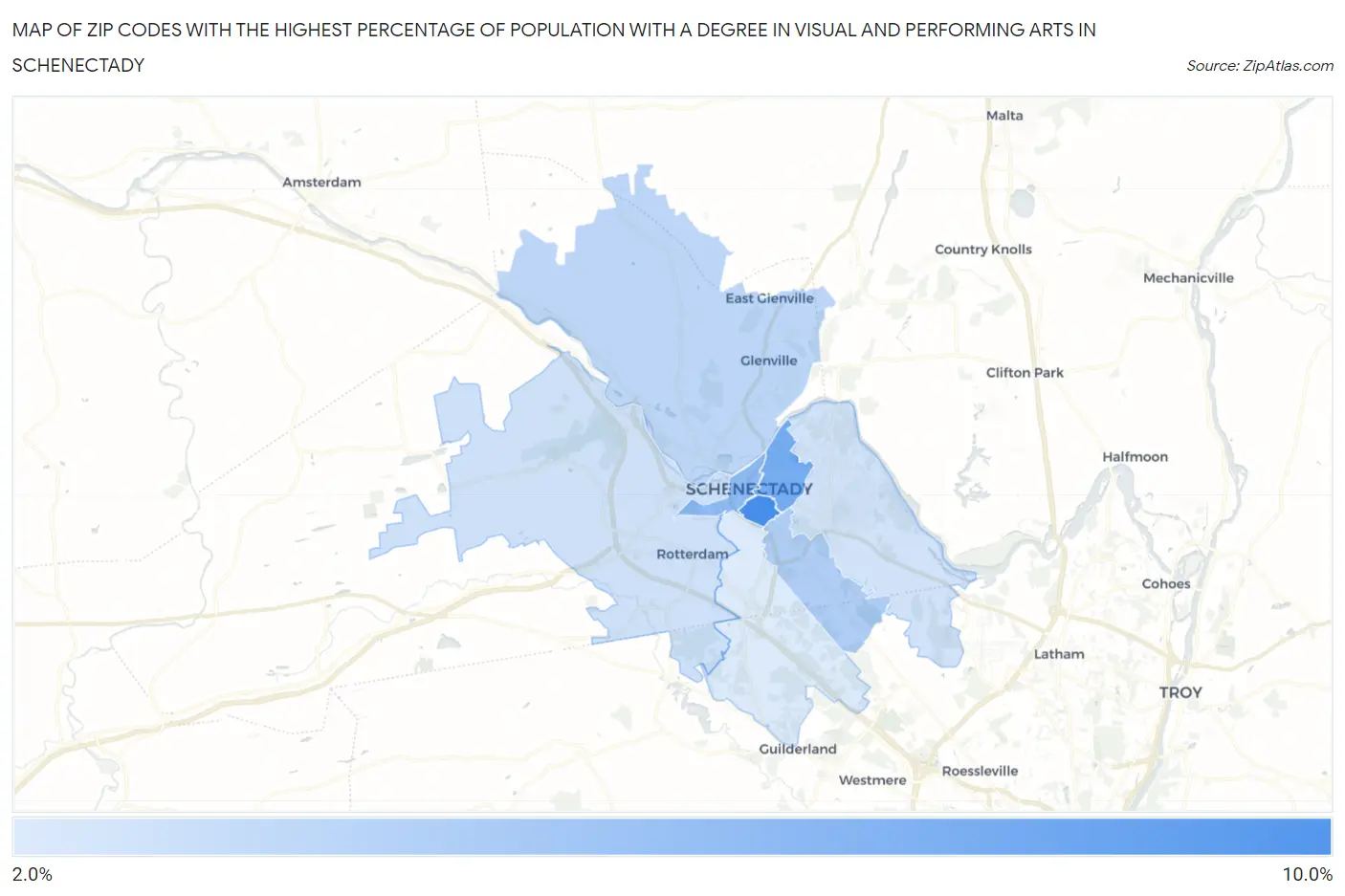 Zip Codes with the Highest Percentage of Population with a Degree in Visual and Performing Arts in Schenectady Map