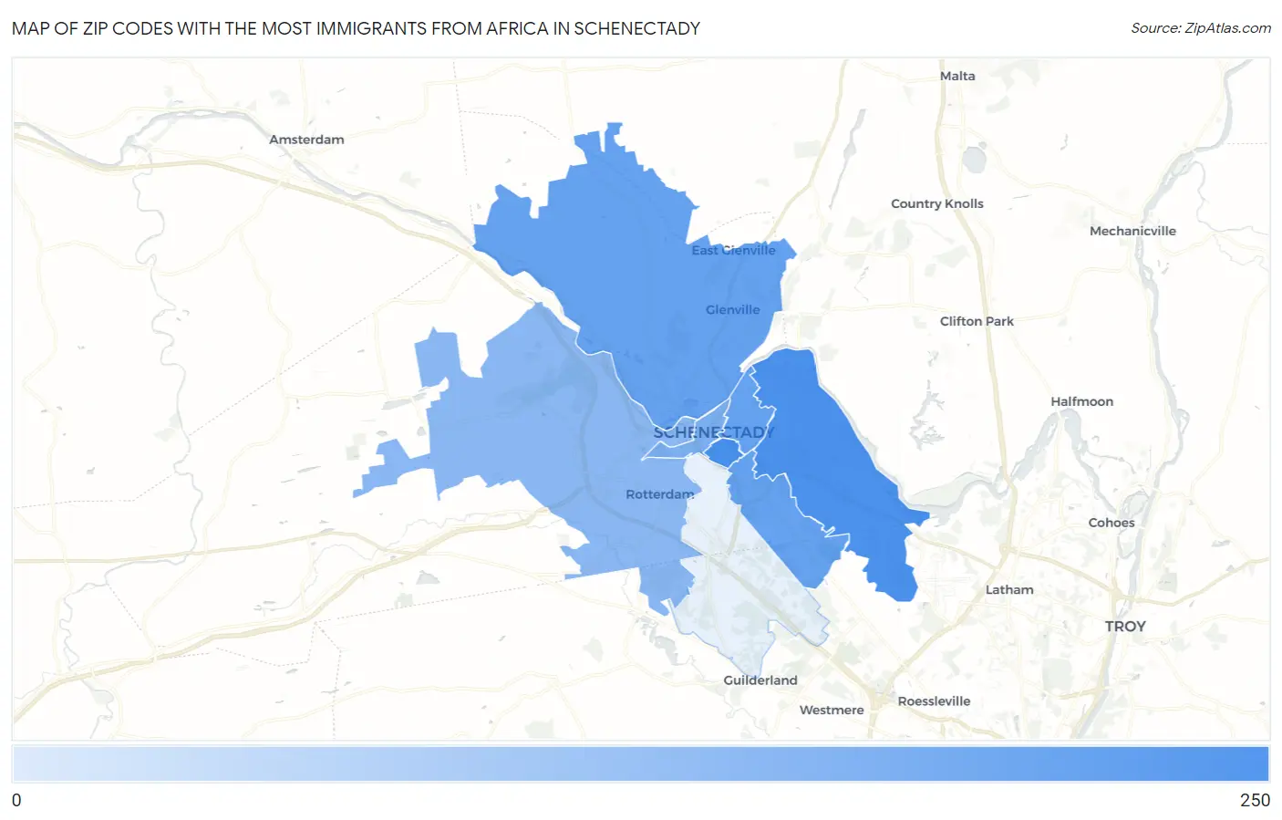 Zip Codes with the Most Immigrants from Africa in Schenectady Map