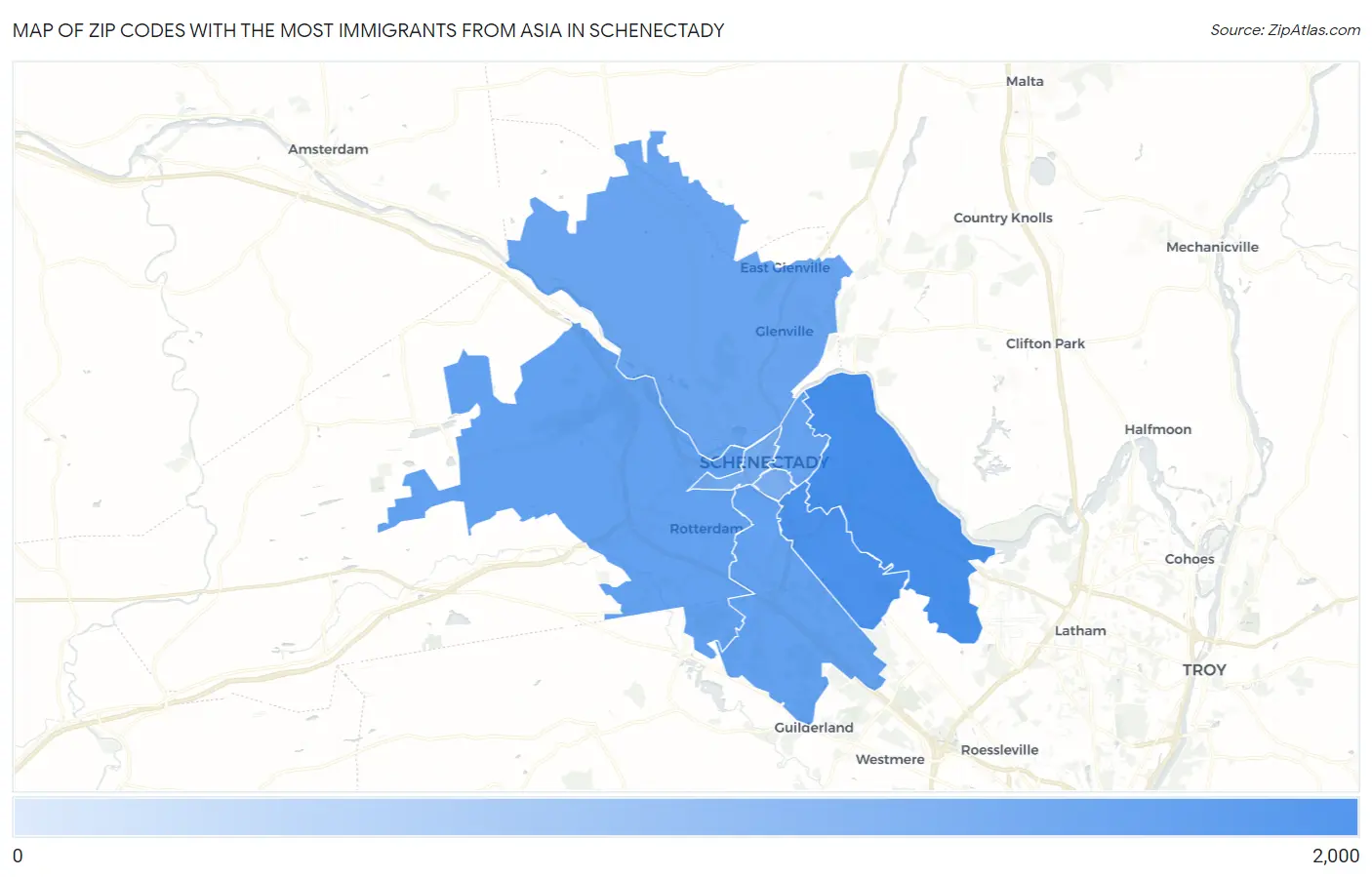 Zip Codes with the Most Immigrants from Asia in Schenectady Map