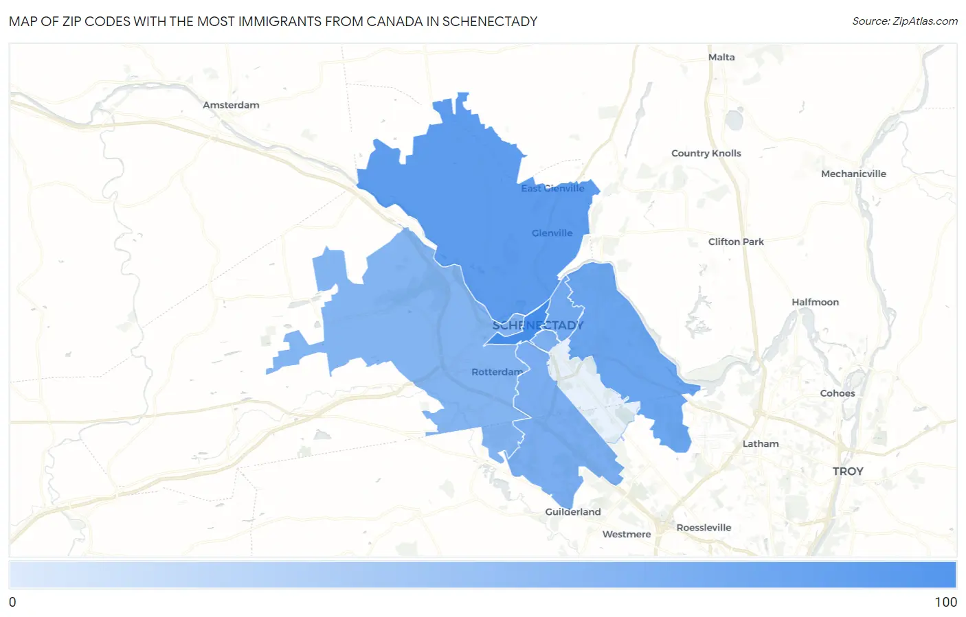 Zip Codes with the Most Immigrants from Canada in Schenectady Map